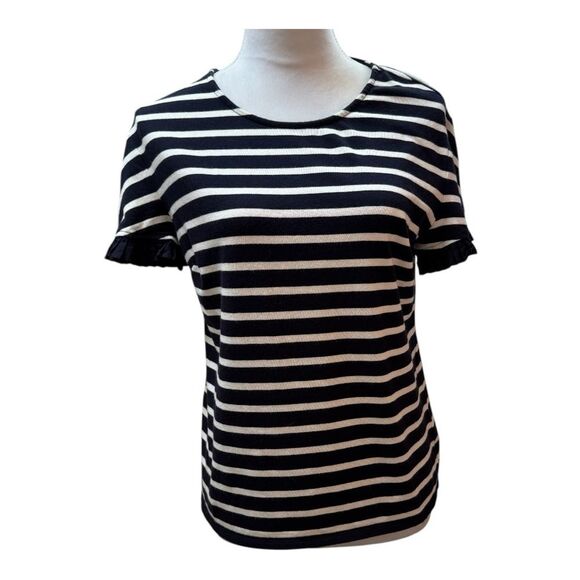 Talbots Petites Navy White Striped Ruffle Sleeve Knit Top MP - Picture 1 of 7